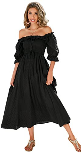 R.Vivimos Women's Polka Dot Slim Half Sleeve Puff Flare Sleeve Square Neck Tie Long Midi Dress (Large,Black#2)