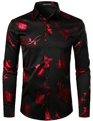 PARKLEES Chemise à manches longues pour homme - Imprimé rose doré - Coupe ajustée, Zzcl22-noir rouge, S
