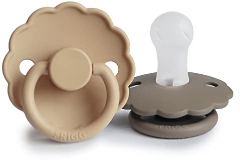 FRIGG Daisy Silikon Schnuller | Schnuller 2 Packung | Symmetrischer Sauger in Kirschform | BPA-frei | Hergestellt in Dänemark | Silikon Schnuller | (Croissant/Portobello, Größe 1 (0-6 Monate))