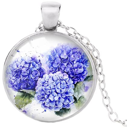 Hydrangea Flower Painting Pendant Necklace Round Print Photo Necklaces Glass Dome Jewelry Gifts