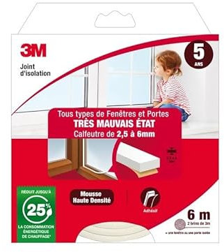 Joint Porte/Fenêtre Universel Très Mauvais Etat 2,5 À 6 mm X 6 m Blanc