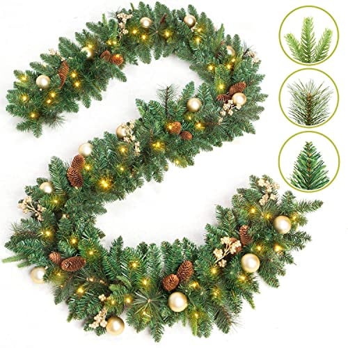 Queta Künstlicher Weihnachtskranz mit 40 LED Beleuchtung Batteriebetrieben, 1.8m Gold PVC Weihnachten Rattan Künstliche Blume für In-/Outdoor Dekoration