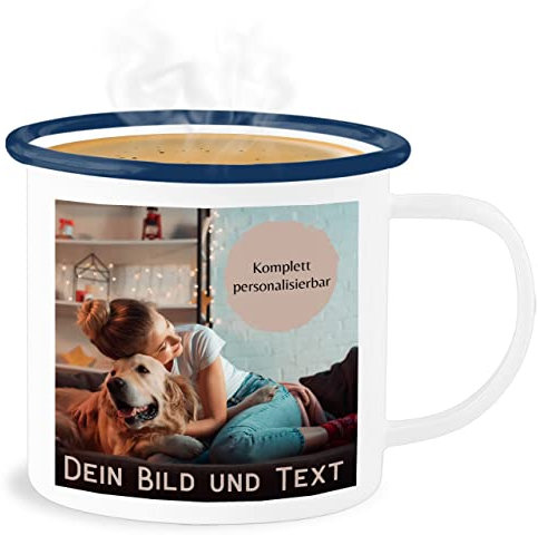 Emaille Becher Blechbecher - eigenem - Foto Bild Geschenk I Dein Bild und Text - 300 ml - Weiß Blau - fototasse tassen bedrucken selbst drucken photo tasse fototassen selber gestalten foto-becher