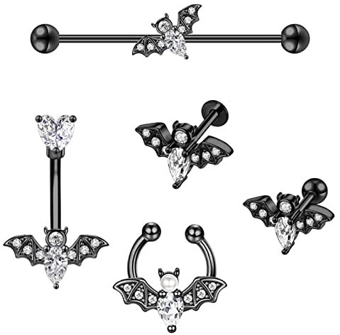 Longbeauty 14G 16G Fledermaus Piercing Set Halloween Körperschmuck Hufeisen Nasenring Hoops Labret Lippenpiercing Tragus Ohrring Bauchnabelring Industrial Barbell, 5 Pcs, Schwarz