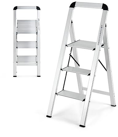 COSTWAY Scala Pieghevole in Alluminio a 3 Gradini, Scaletta Salvaspazio con Corrimano, Ampi Pedali e Piedini Antiscivolo, Telaio in Alluminio Robusto e Leggero, Portata 150kg