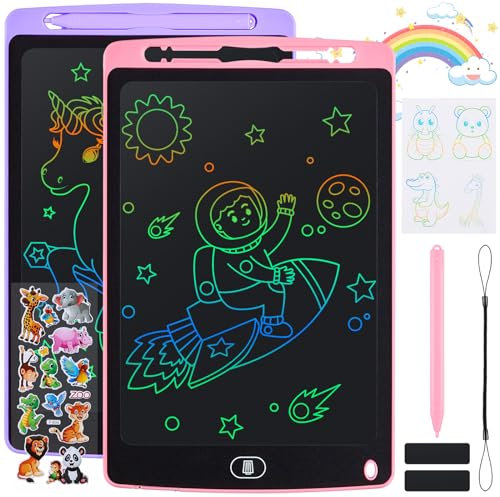 Damcyer 2 Pack Tablette D'écriture LCD 10 Pouces,LCD Tablette Dessin avec Ecran Coloré,Bloc D'écriture Effaçable avec des Autocollants D'animaux,pour Garçons et Filles de 3 4 5 6,Rose + Violet