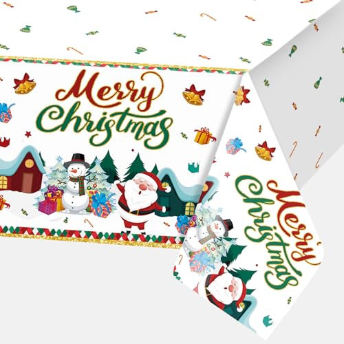 Tischdecke Weihnachten 54x108 Zoll Plastik Weihnachtsmann Schneemann Baum Tischdecken Einweg Dünn wasserdichte Rechteck Christmas Tischtuch Tischdeko für Xmas Neujahr Winter Party Deko, 1 Stück