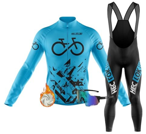 Vêtements Cyclisme Homme Hiver Tenue Cycliste en Polaire Thermique,Maillot de Velo VTT Manche Longue Jersey+9D Coussin Gel+Lunettes de Cyclisme Coupe-Vent (TYP-13,M)