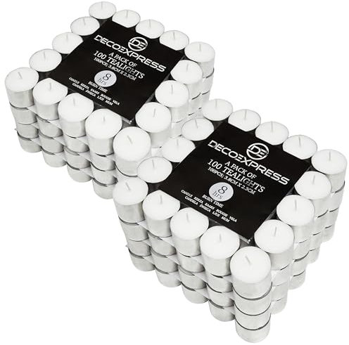 DECO EXPRESS Tealight Candles Multipack of 200, 100, 50, 25 or 24, Burning Time 4, 8 or 10 Hours - Tea Lights Candles (White 200/8 Hour)