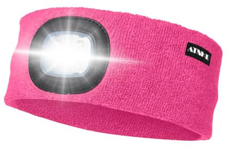 ATNKE LED Lighted Headband, USB Rechargeable Running Hat Ultra Bright 4 LED Waterproof Light Lamp Headlamp High Stretch Moisture Wicking Multi-Color/Rose Red
