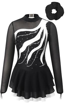 TiaoBug Mädchen Langarm Eiskunstlauf Kleid Kürkleid Strass Stein Tanzkleid mit Haargummi Gymnastik Turn Anzug mit Röckchen Tanzbekleidung Weiß Haargummi 170
