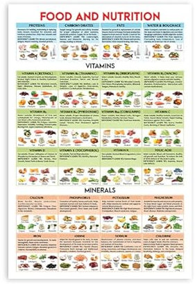 5M BOX Poster Food and Nutrition, ungerahmt, Vitamin- und Mineralien, 40,6 x 61 cm, Vitamin-Referenztabelle, Poster – Ernährungsinformationstabelle für Küchenwand, Klassenzimmer-Dekoration