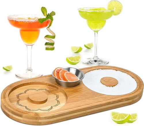 fengman123 Doppio supporto in vetro Rimmer Margarita Sale Rimmer, Zucchero di bambù con piccolo bicchiere in acciaio inox, contenitore per sale e spezie, strumento per cocktail e margarita