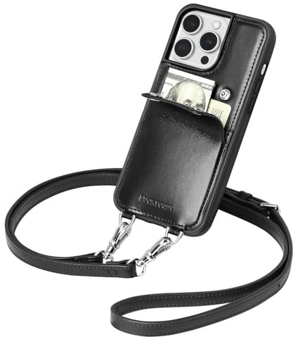 LUCKYCOIN Leather Wallet Phone Case for iPhone 14 Pro Max with Wrist Strap/Card Holder,Genuine Leather Travel Crossbody Case for Women,Purse Cover for Girl,Pouch Case with Adjustable Neck Cord-Black
