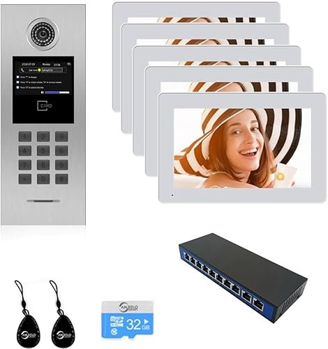Tuya Smart 5 Einheit 7-Zoll-IP-Video-Gegensprechanlage für Mehrfamilienhaus Sicherheit Home Access Control System Digital Keypad mit IC-Karte