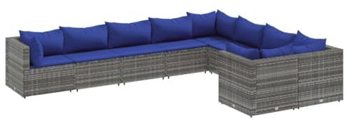 vidaXL Garten Sofa Garnitur 9-TLG., Gartenmöbel Set mit Kissen, Sitzgruppe für Garten Terrasse, Lounge Sitzgarnitur Modular, Grau Poly Rattan