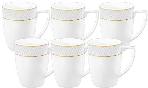 Wilmax - Set di 6 tazze da tè e caffè - 320 ml - Tazza da caffè in porcellana con motivo dorato - Set di tazze - per tè, cappuccino - porcellana - Bianco