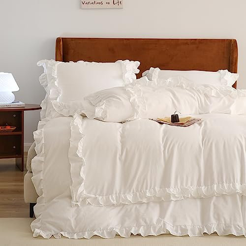 Freyamy Rüschen Bettwäsche 200x220 Weiß,Romantisch Cremefarben Bettwäsche für Damen Mädchen mit Doppellagige Rüschen Weich Mikrofaser 1 Bettbezüge und 2 Kissenbezug 80x80 cm mit Reißverschlüsse