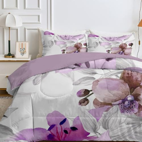Qiwagu Couette 4 Saisons 240x260 cm Blanc, Couette Imprimée Fleurs Violettes pour lit 2 Personnes, Couette Réversible sans Housse, Lavable en Machine, Couette Légère 200GSM avec 2 Taies d'oreiller