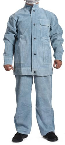 DSQIANG Leder-Schweißerjacke Anzug, Heavy Duty Flamme Hitzebeständig Schweißer Kleidung, Inklusive Jacke Und Hose(Blue)