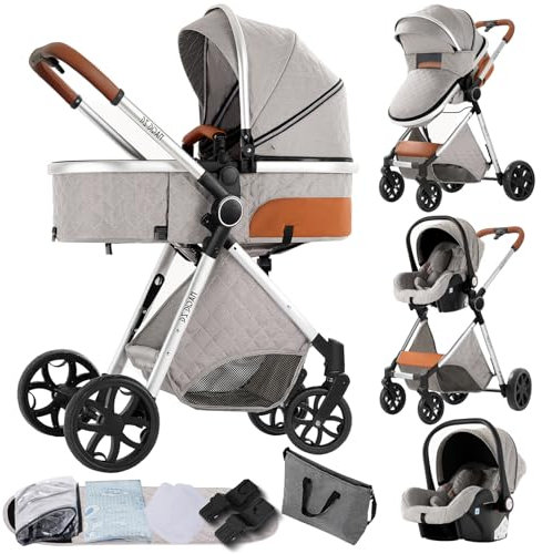 Magic ZC Kinderwagen 3 in 1, Kombikinderwagen 3 in 1 Komplettset mit Umkehrbarem Zwei-Wege-Schub, Buggy mit Zubehör Hohe Landschaft, Faltbarem Tragbarem One-Click-Design (V9 Light Grey)