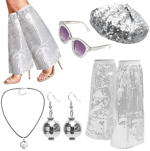 RANJIMA 60er 70er Jahre Disco Kostüm Damen, Disco Accessoires Kostüm Glitzer Baskenmütze Hippie Kostüm Zubehör Set mit Hut Pailletten Stulpen Sonnenbrille Accessoires für Karneval,Mottoparty,Fasching
