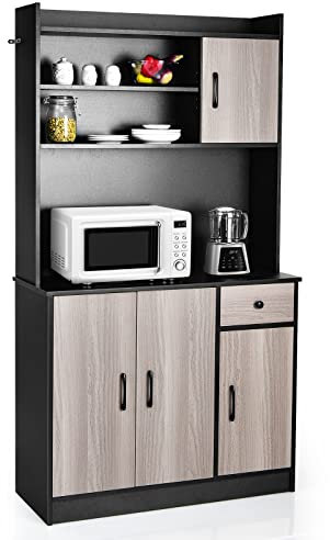 COSTWAY Alacena de Cocina, Armario Aparador con Estación de Carga Integrada, Gabinete Independiente con Encimera para Microondas, Cajón, 4 Estantes Ajustables (Negro, 40 x 100 x 180 cm)