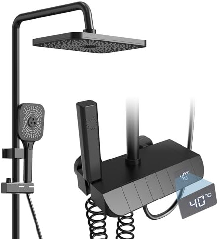 Thermostatic Mixer Shower System, 4 Function Piano Key Dual Shower Head Set, 3 Mode Brass Hand Waterfall Shower with LED Digital Temperature Display, Wall Mount Adjustable Handheld Faucet (Black)