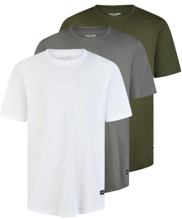 JACK & JONES Tshirt Herren lang geschnitten Set 100% Bio-Baumwolle Regular Fit JJENOA 3er Pack Rundhals Kurzarm Sommer Organic Basic Tee Shirt Schwarz Weiß Beige Grün Grau S M L XL XXL 3XL