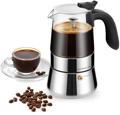 COPOTEA Moka Pot - Cafetera portátil para estufa de espresso, vidrio de borosilicato y acero inoxidable, 6 tazas (240 ml)