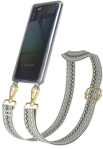 EAZY CASE Handykette - Verstellbares Taschenband kompatibel mit Galaxy A21s, Schulterriemen, Handykordel mit Silikon Hülle, Umhängetasche, Beige Blau Gold
