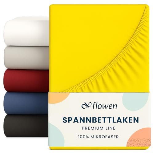 Flowen Spannbettlaken 90 x 190 cm Mikrofaser Spannbetttuch Gelb für Bett Atmungsaktive Hypoallergene Bettlaken Anti-Milbe Leicht Weich und Knitterfrei mit 30 cm Tiefe Tasche Maschinenwaschbares
