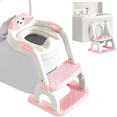 ZHONYEE Potty Training Seat for Toddlers - Upgrade 2-in-1 Toilet Seat Toilet Ladder for Kids Children Boys Girls, Anti-Slip Pad & Adjustable Height with Waterproof PVC Cushion - Pink