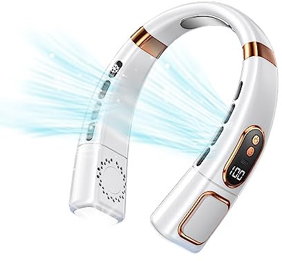 Neck Fan with 5 Speeds & LED Display, 3000mAh Portable Bladeless Neck Fan with Cooling Ice Tiles and Light, Rechargeable, Hands Free Wearable Fans for Women Men Home Office Travel Outdoor (White)