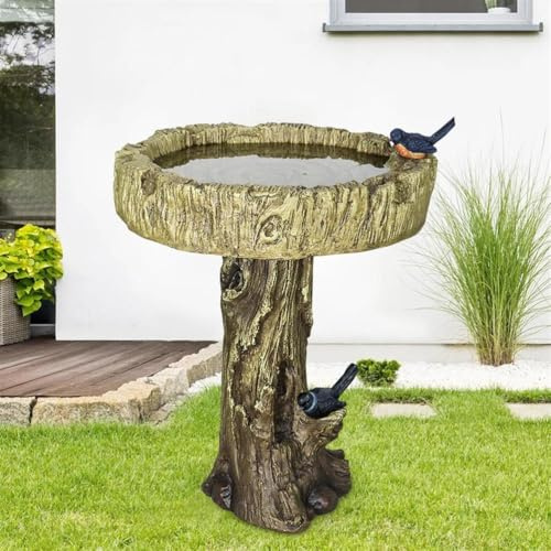 Vogelbadbrunnen Aus Beton in Holzoptik, Mit Dekorativem Kunstvogel ,01