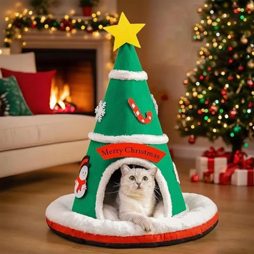 Albero di Natale letto per gatti, 70 x 60 cm, tenda per gatti con cuscino staccabile, letto per cani/gatti, albero di Natale, tenda per animali domestici, gatti e cani