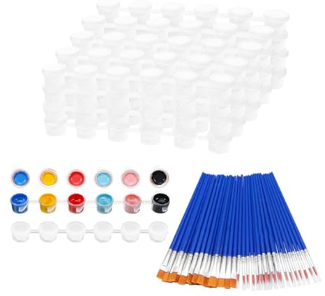 Gutol 60PCS Painting Set, 20 Empty Pots 3ml with Lids & 40PCS Paintbrushes with Flat and Round Pointed for Schools Painting Crafts
