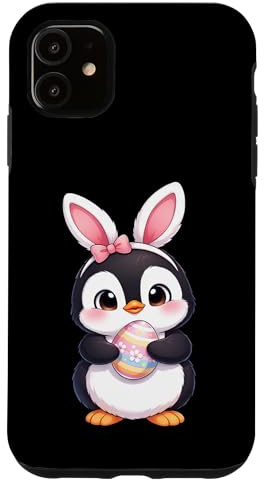 Hülle für iPhone 11 Niedlicher Pinguin mit Häschen und Ohren Ostereier-Design
