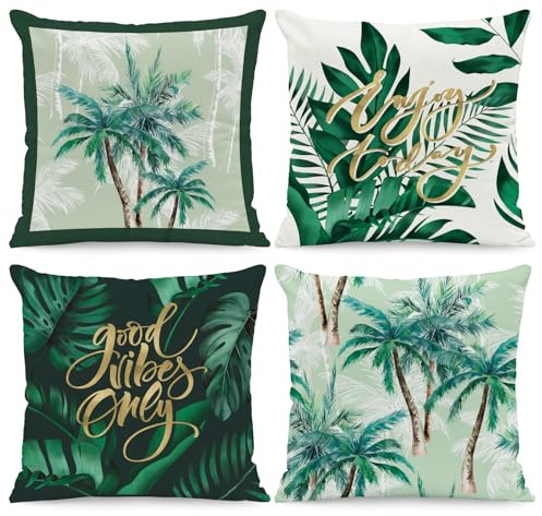 BREASOME Kissenbezug Tropische Palmen und Grün Blätter Sommer 45x45 4er Set | Zierkissen mit botanischer Muster, Hypoallergen, Maschinenwaschba, Dekokissen für Wohnzimmer Schlafzimmer Sofa Couch Garten