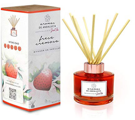 AROMAS DE ANDALUCIA, Ambientador, Mikado, Varillas, Lujuria Fresa Cremosa, Cristal, 160ml 8.8 x 8.8 x 19.4 cm