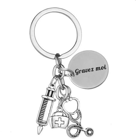 Porte-clés 3 Pendentifs Thème Médical, Médecin, Infirmière Gravure Personnalisée Sur Médaille Bijou Femme Et Homme Argenté