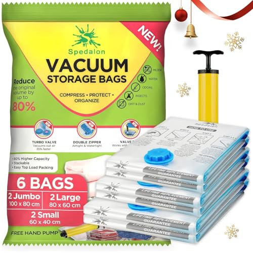 Spedalon Vacuum Storage Bags for Clothes, Duvet, Bedding, Pillows, Mattress - Pack of 6 (2 Jumbo + 2 Large + 2 Small) Space Sealer Bags - Moving bags with Free Hand Pump for House & Travel Packing