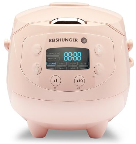 Reishunger Mini Olla Arrocera Programable y Vaporera en Rosa hasta 3 Personas – Hervidor de Arroz con 8 Programas - Con Pantalla LED y Función Automática de Mantenimiento del Calor
