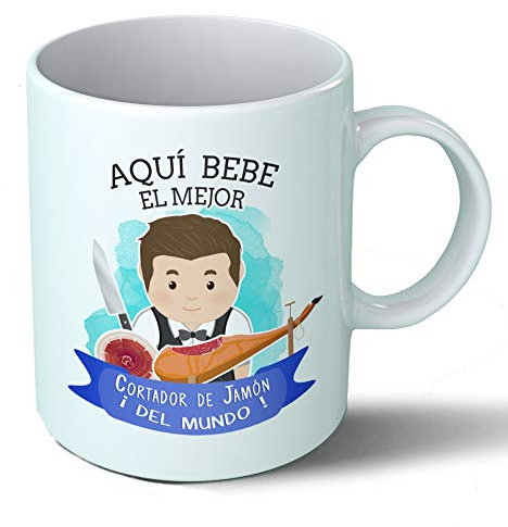 Planetacase - Taza Cortador De Jamon - Regalo Original - Cerámica 330 mL - Taza Desayuno Apta para Microondas y Lavavajillas - Jamonero - Resistente a Lavados