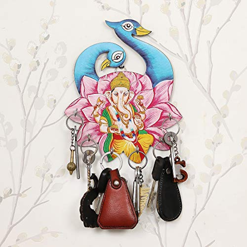 CAPIO ART Schlüsselhalter aus Holz für Zuhause, stilvoll, Wandmontage, Ganesha-Ji, dekorativer Schlüsselanhänger mit 6 Haken für Zuhause und Büro, Mehrzweck, mehrfarbig