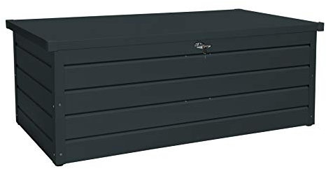 Duramax Palladium Kissenbox aus Metall kurz (585 L) mit hydraulischer Gasdruckfeder und abschließbarem Griff mit Schlüssel, Terrassenbox und Gartenmöbelaufbewahrung, Anthrazit