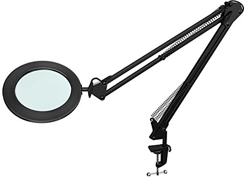 Lampada d'Ingrandimento/Lampada da Lavoro - Lente in Vetro 105 mm 5 Diottrie, 750 Lumen Dimmmerabile 3 Colori, Braccio Orientabile 90 cm per Hobby Creativi e Lavori di Precisione