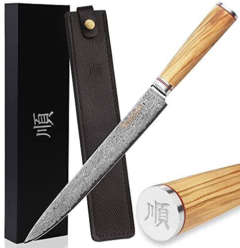 YOUSUNLONG Cuchillo de filete de pescado Sashimi 10 '' Cuchillo para tallar Acero de Damasco japonés- Madera de olivo italiana con cuero