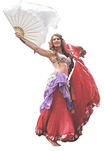 Winged Sirenny Handgemalte Große Kurze Seidentanzfächer Paar, Leichte Seidenfächerschleier 105x114 cm für Bühnenshows, Bauchtanz, Tribal Dance & Spirituellen Tanz, mit Tragetasche (weiß)