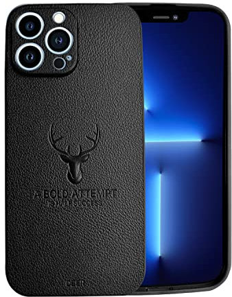 TWICK Faux Leather Case for iPhone 13 Pro Max size only, Deer Horns Design on the back case, Camera Protection, Shockproof Cover (Black)